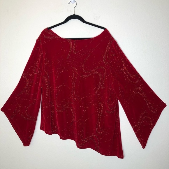 Praise Hymn Fashion Glitter Knit Asymmetrical Top with Split Flare Sleeve Red 3X - Picture 15 of 15